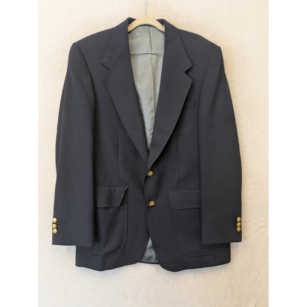 Stafford Blazer Men's 38R Navy Blue‎ Gold Crest Button Two-Button Sport Coat